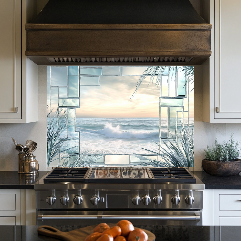 Ocean Landscape Scene Printed Tempered Glass Kitchen Backsplash Splashback Decor