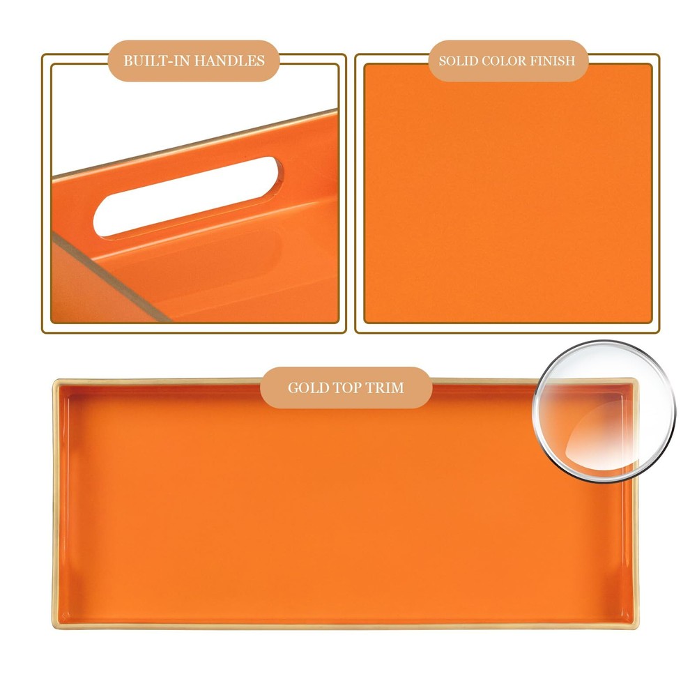 Orange Vanity Tray Plastic Rectangular Handles 13.8"x6"x1.57" Bathroom Decor