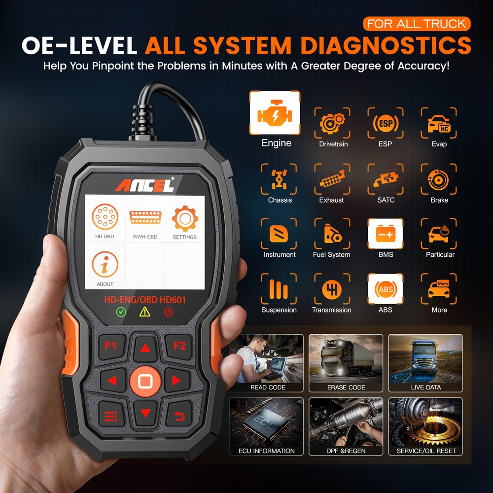ANCEL HD601 Diesel Truck Diagnostic Tool OBD Scanner All Systems Engine Check