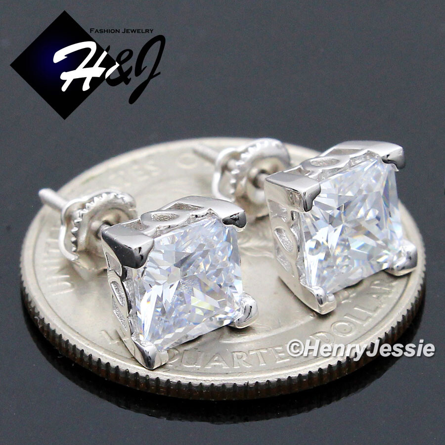 MEN WOMEN SOLID 925 STERLING SILVER ICY BLING CZ 8MM SQUARE 3D STUD EARRING*E224