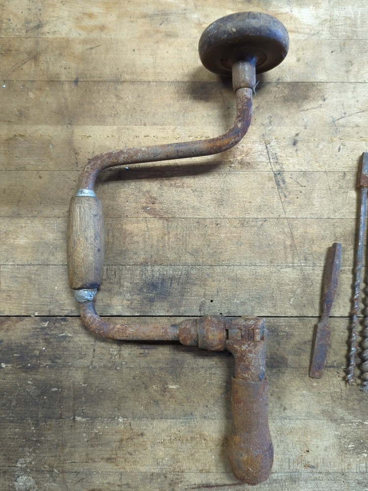 Vintage Hand Drill With Various Bits