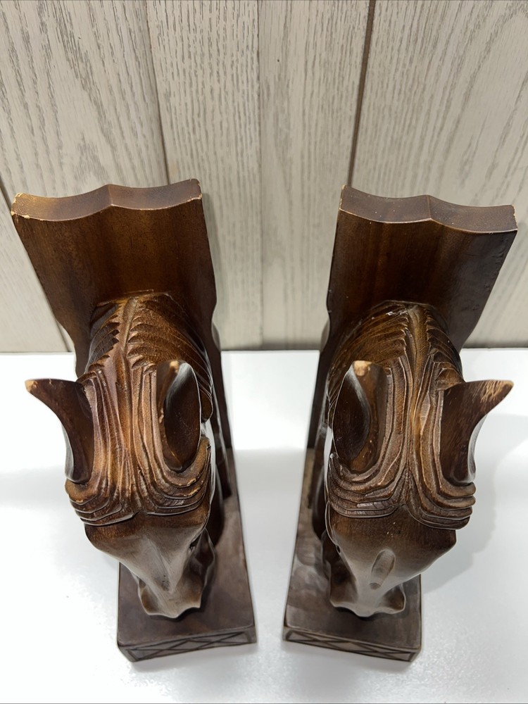 Vintage Pair Monkey Pod Solid Wood Horse Bookends Rustic GUC
