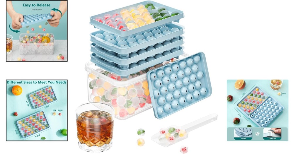 Dishwasher Safe Ice Tray Set with 99 Round Capacity - Space Saving Blue Design