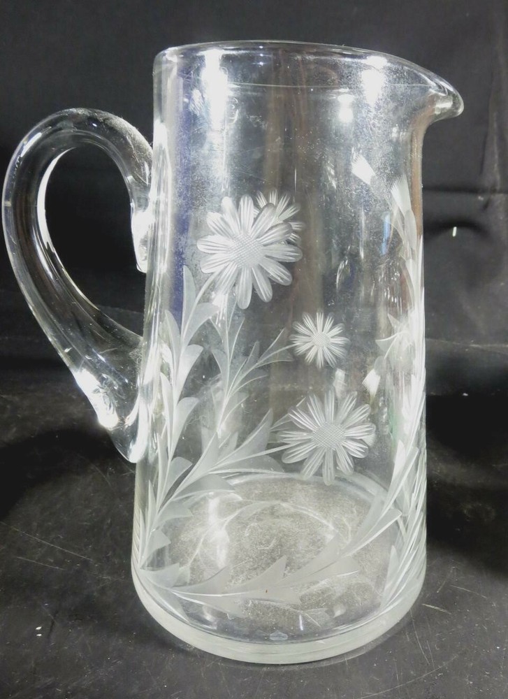 Large 8" Tall Etched Cut Crystal Pitcher Flowers