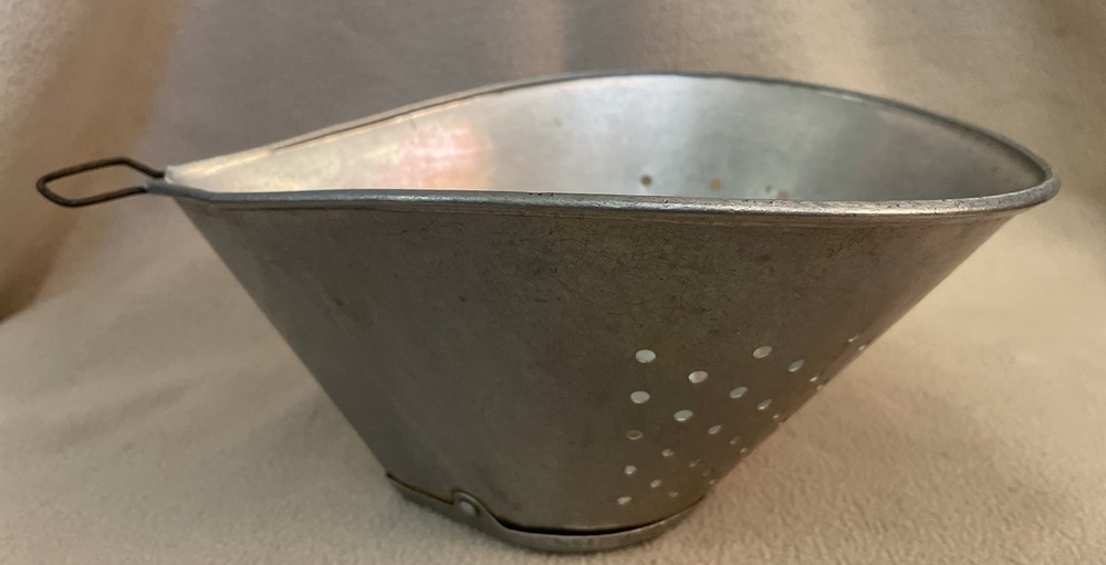 Antique Ovoid Teardrop Metal Colander Sieve Strainer Hanging Loop Riveted Base