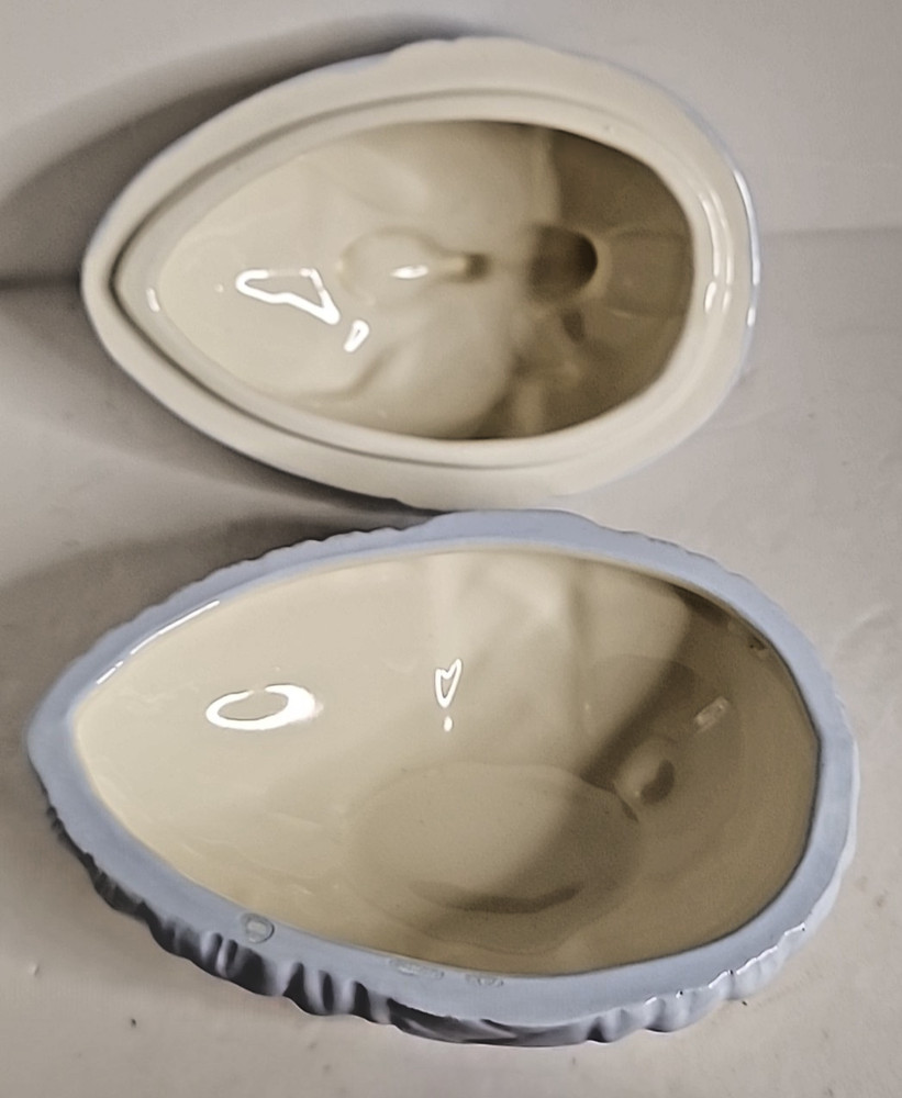 Vintage Easter Egg Candy Dish with Lid Blue Bow Ceramic Trinket Dish 1985