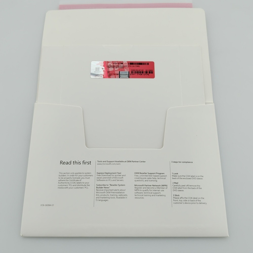 New Microsoft Windows Server 2019 Standard DVD Kit Media With Key 16-Core 1PK