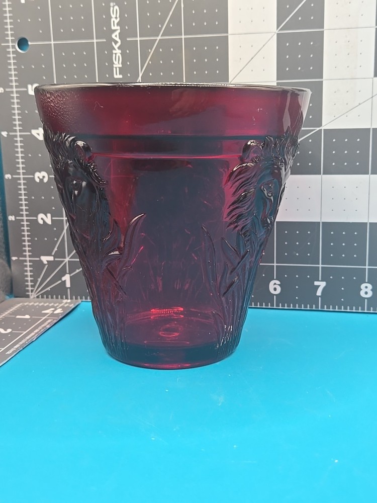 Vintage 5" Tall Ruby Red Glass Planter Eith Lion Head Flower Embossed Around It