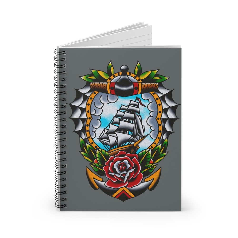 Sailing Ship Tattoo Rose Spiral Notebook | Ruled Journal