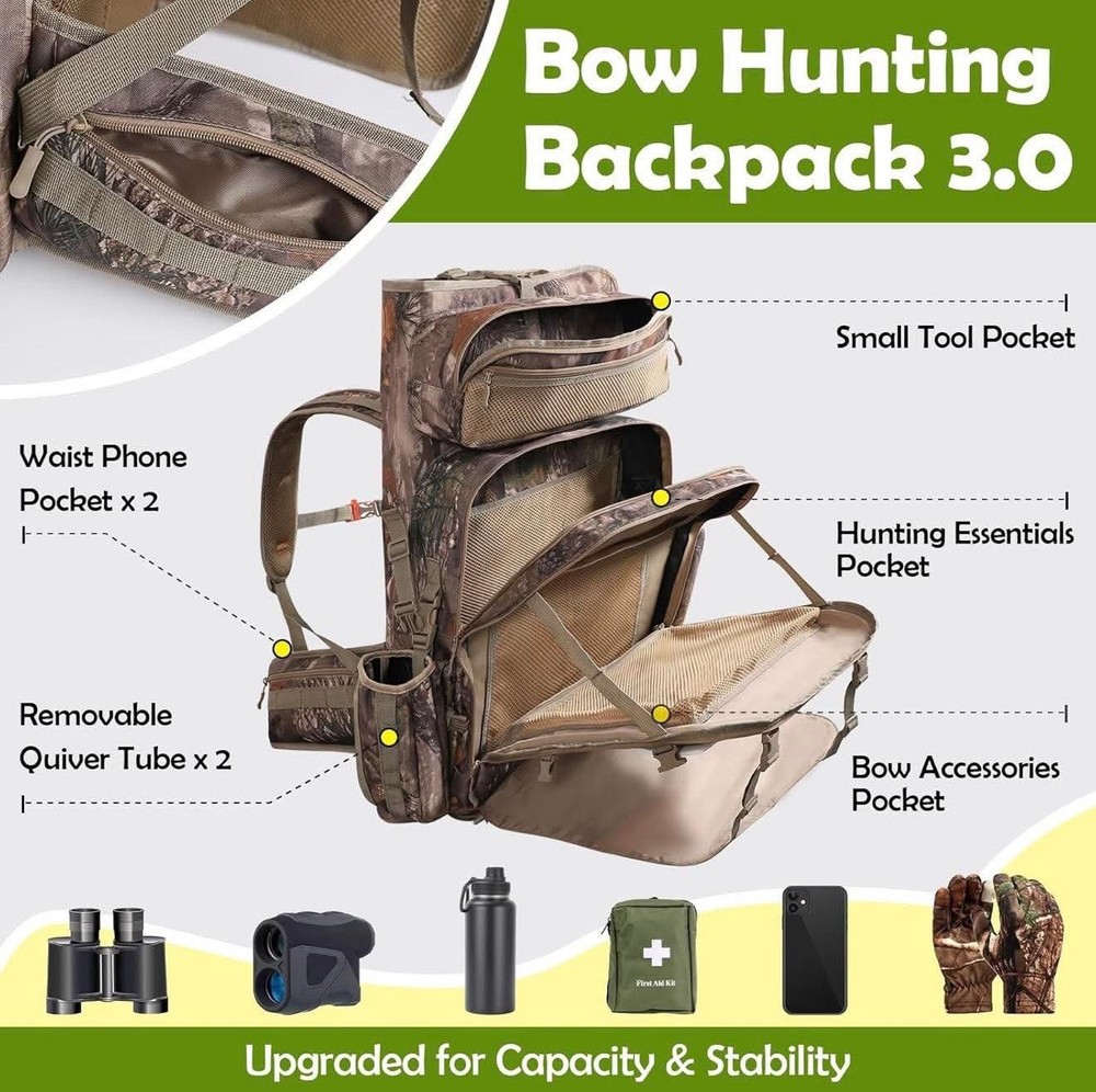 Bow Hunting Backpack 3.0 for Men, Saddle Camo backpack with Bow Holder,