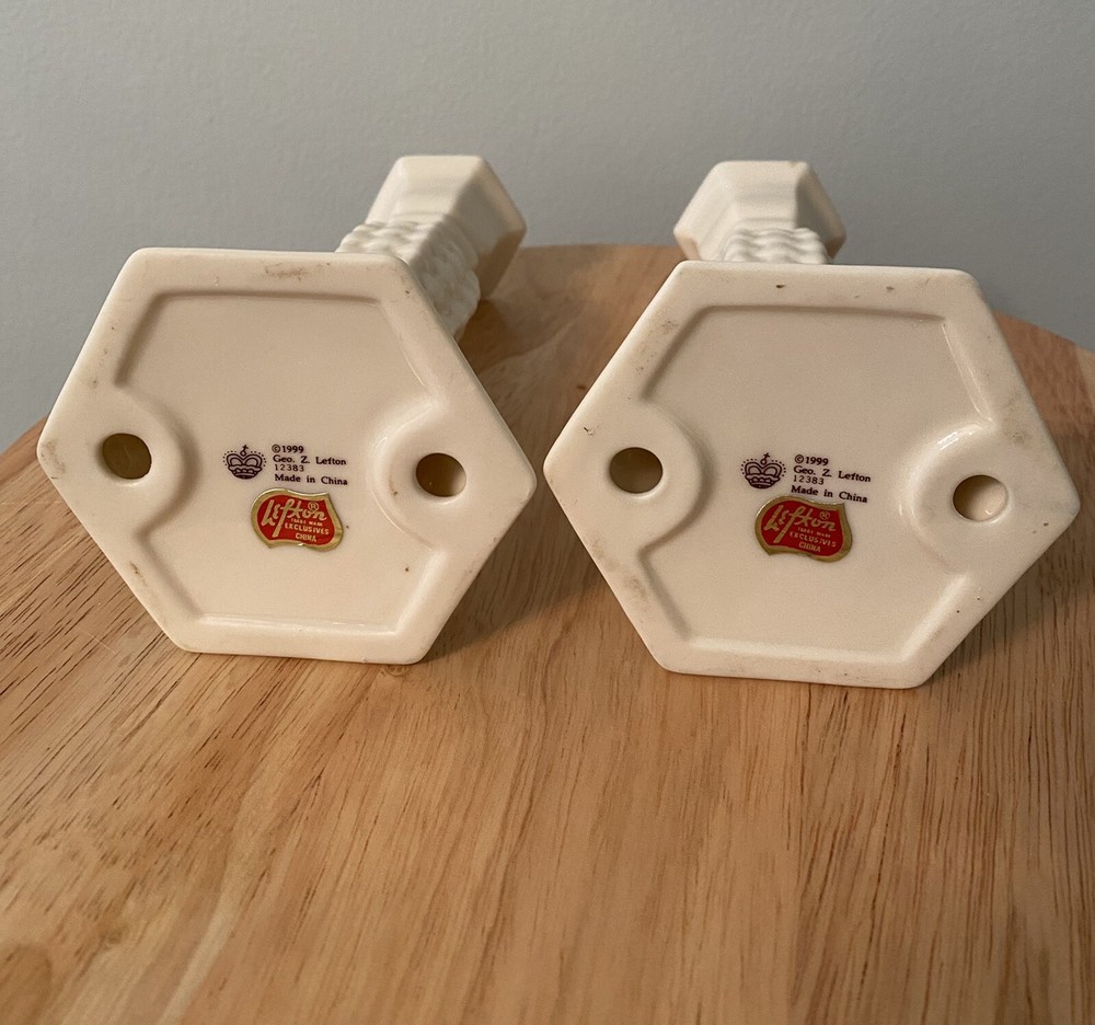 Lefton Candle Holders Basket Weave Pattern Cream Candlestick Holders