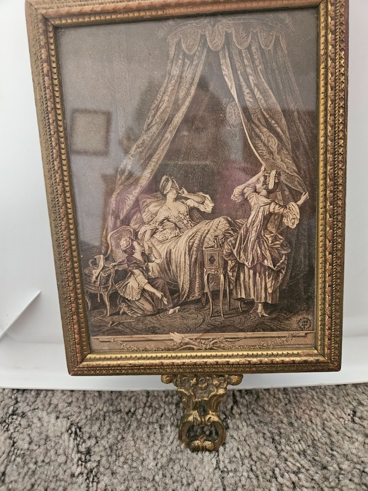 Victorian Handheld Mirror Gilded Brass Frame, Romantic Scene