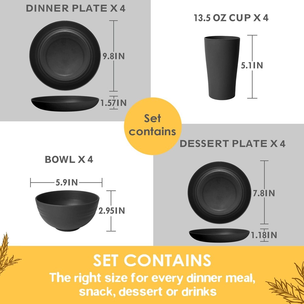 16-Piece Kitchen Plastic Wheat Straw Dinnerware Set, Service for 4, Dinner Pl...