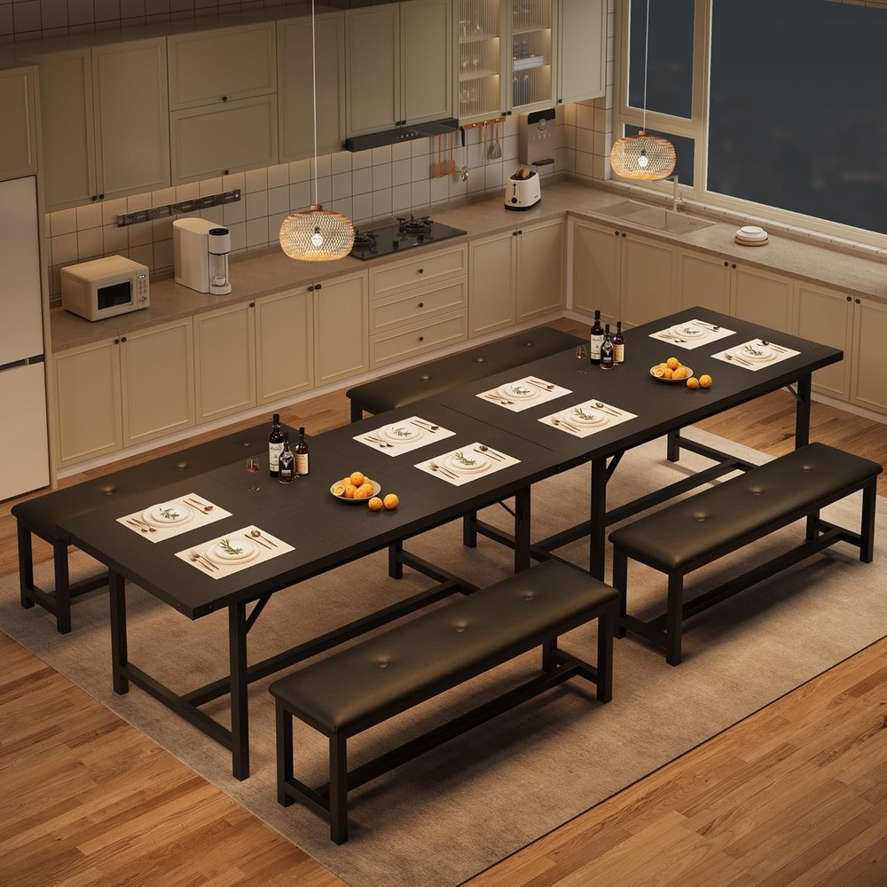 63 in Extendable Dining Table Set for 4-6 People 3-Piece Kitchen Table Set Black