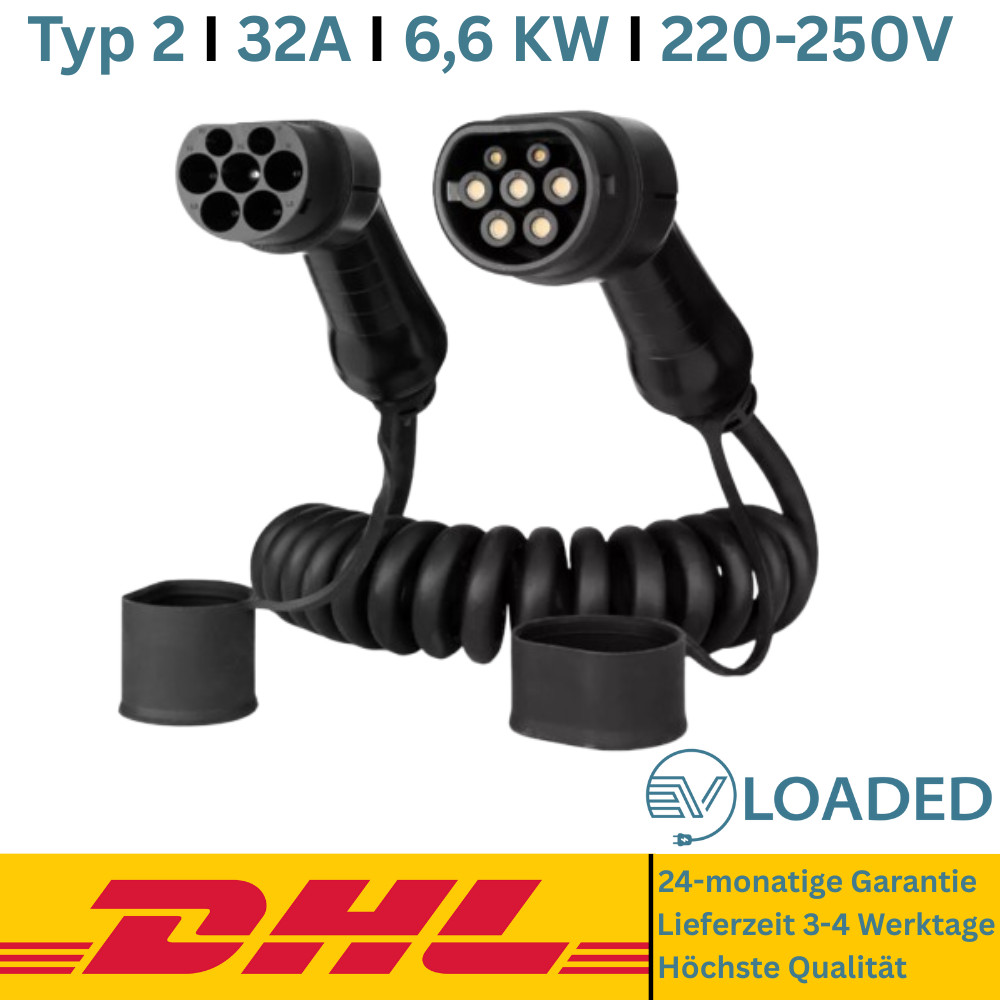 Spiral Charging Cable Type 2 - Type 2 32A 1 Phase 6.6KW 3 Metre Length