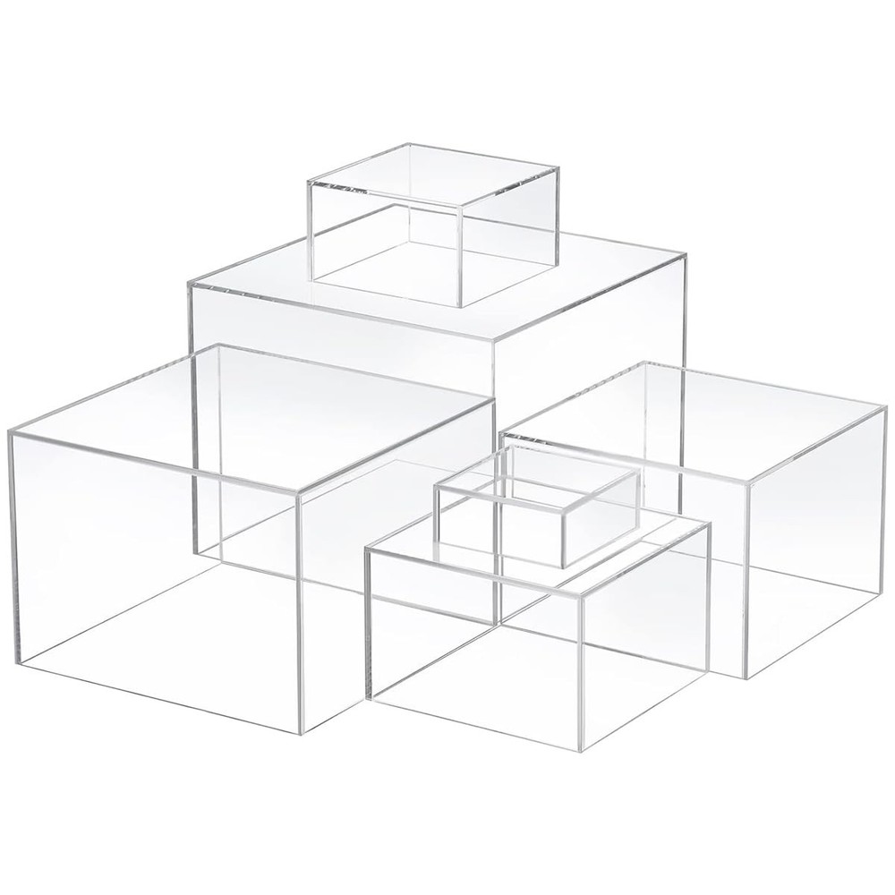 6 Pcs Acrylic Display Risers, Clear Cube Boxes, 6 Sizes, 5 Sided with Hollow ...