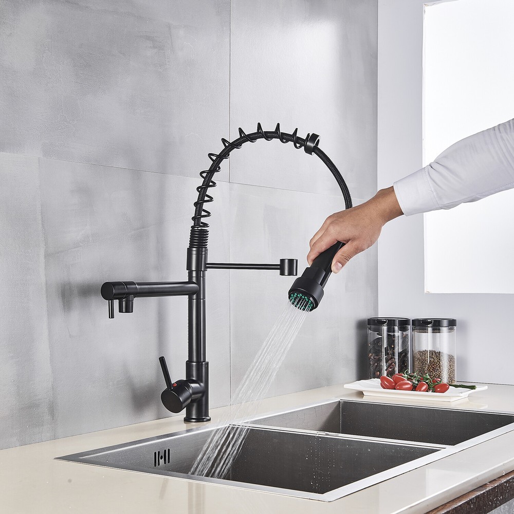 Matte Black Kitchen Sink Faucet Spring Pull Down Sprayer Mixer Tap Deck Mounted