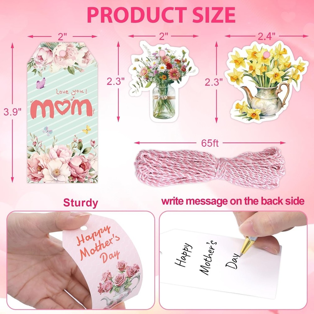 Personalized Floral Gift Tags for Mother's Day - 100 Durable Paper Tags & String
