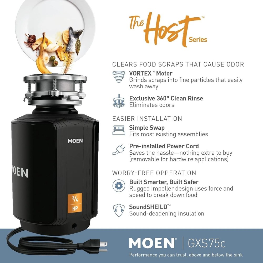 Moen Host Series 3/4 HP Continuous Feed Garbage Disposal, GXS75C