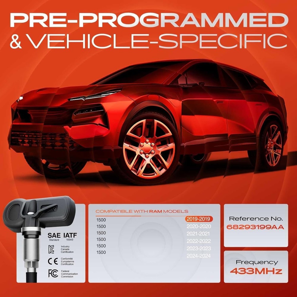 4PCS Pre-Programmed TPMS Sensor for Ram 1500 2019-2024 433MHz Replace 68293199AA