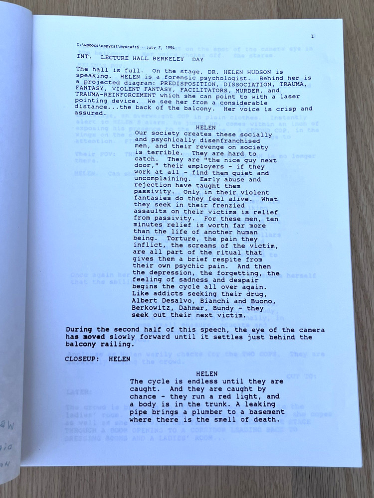 Copycat Frank Pierson 3rd Draft 1995 Movie Original Script Sigourney Weaver