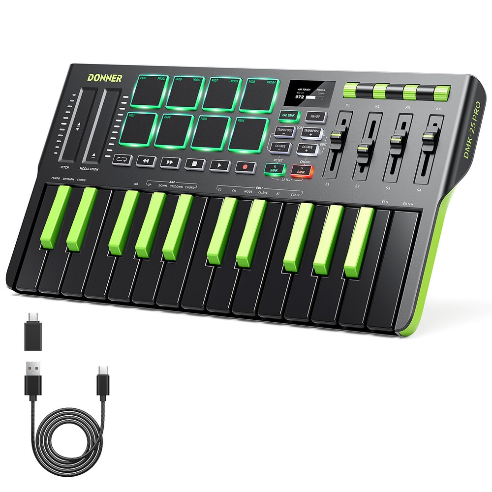 🎹 Donner DMK-25 Pro MIDI Keyboard Controller +Music Production Software | Green