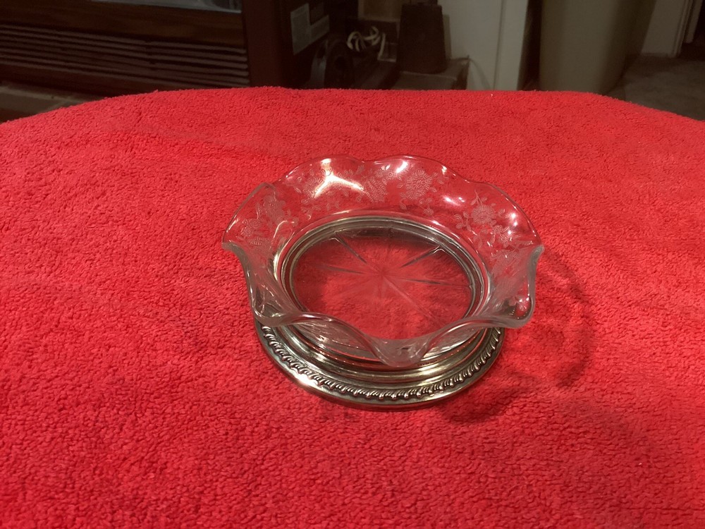 Etched Floral Crystal Coaster Sterling Base 3 7/8”