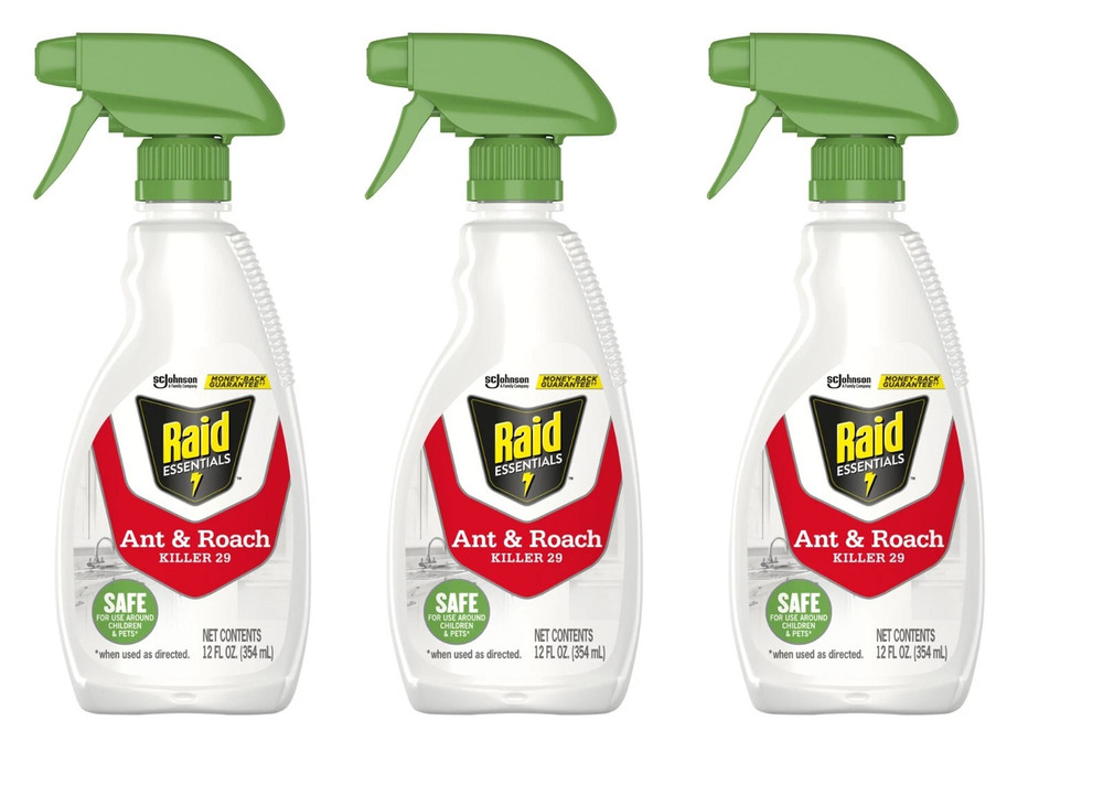 3 Bottles Raid Essentials Ant & Roach Killer 29 Plant-Based Spray Size 12 oz ea
