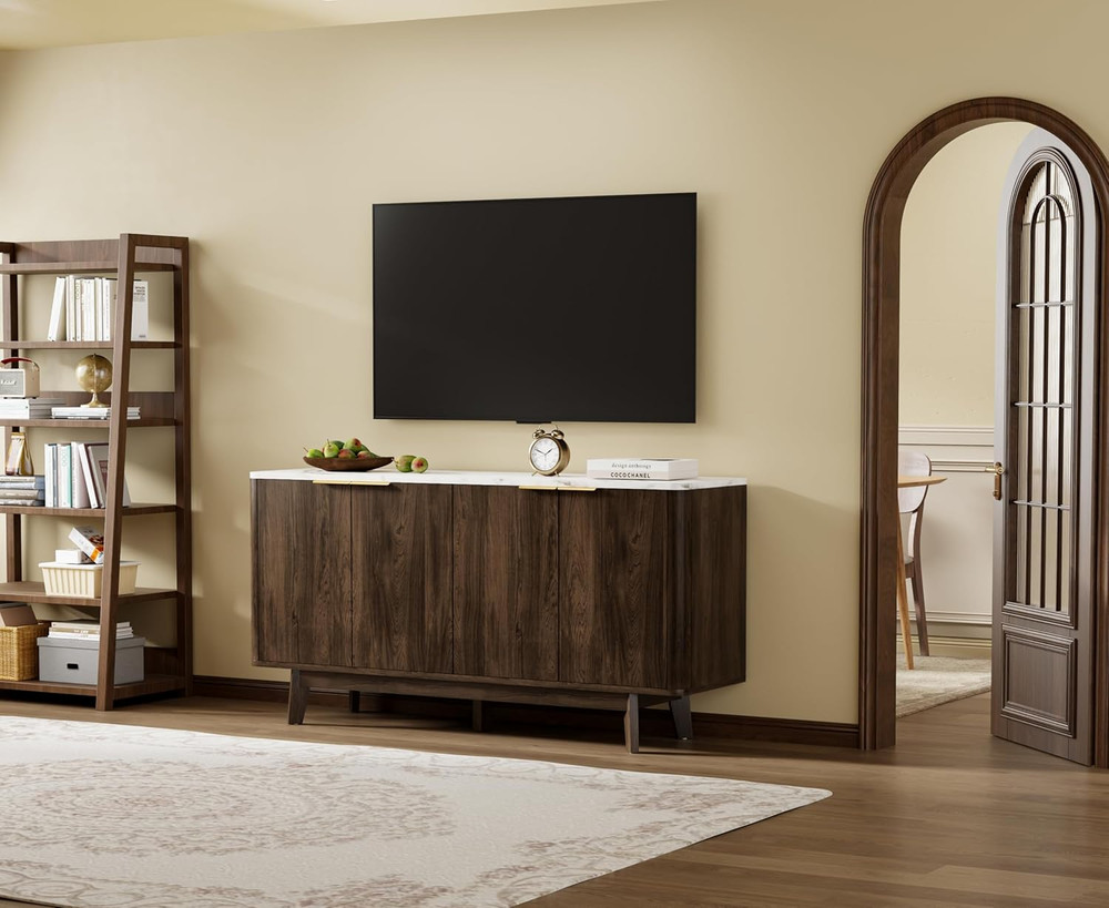 Modern 63" Buffet Cabinet with Storage, Curved Design, 4 Doors, Brown