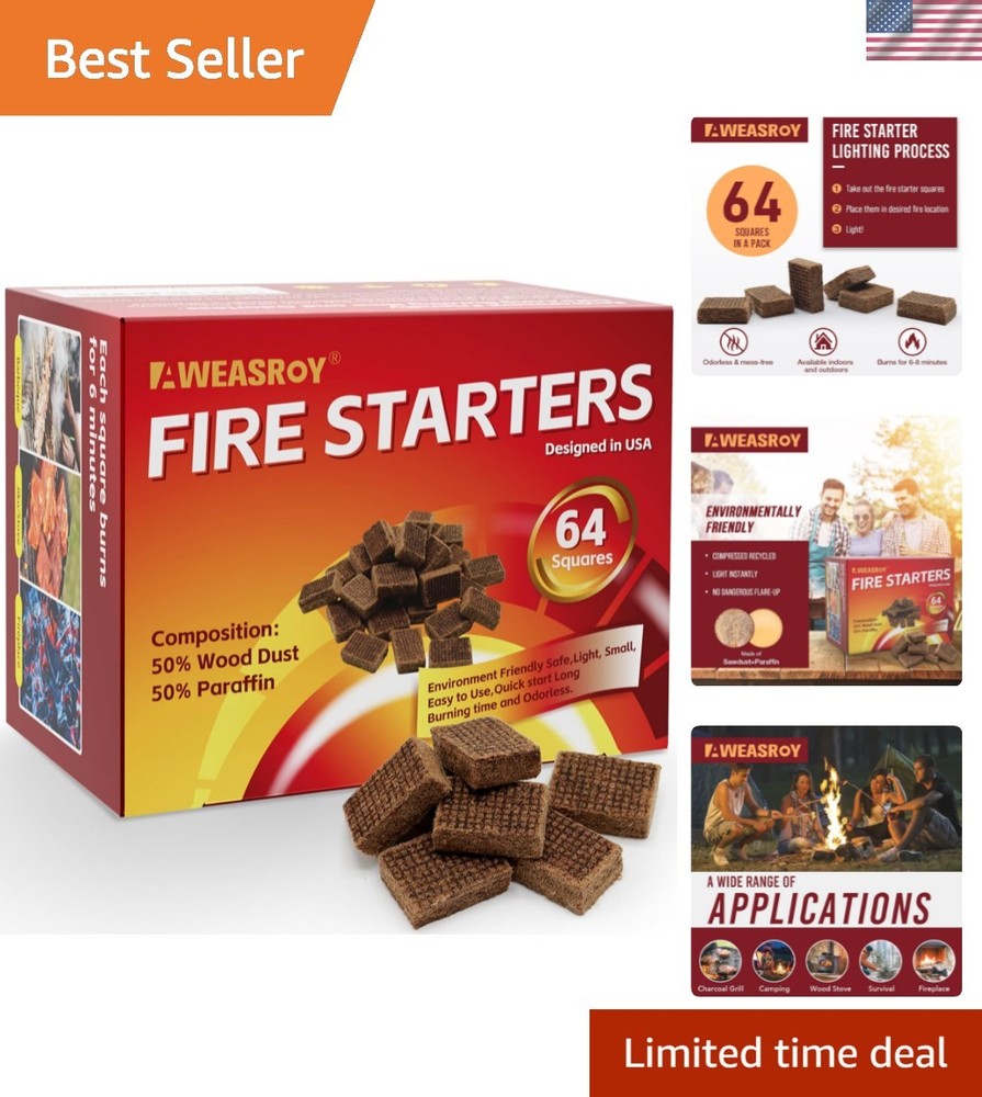 64 Pack Fire Starter Squares - Fast, Safe, & Effective for Fire Lighting