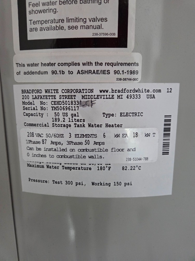 Bradford White Commercial Water Heater, 50 Gallon, 208v / 3 Phase