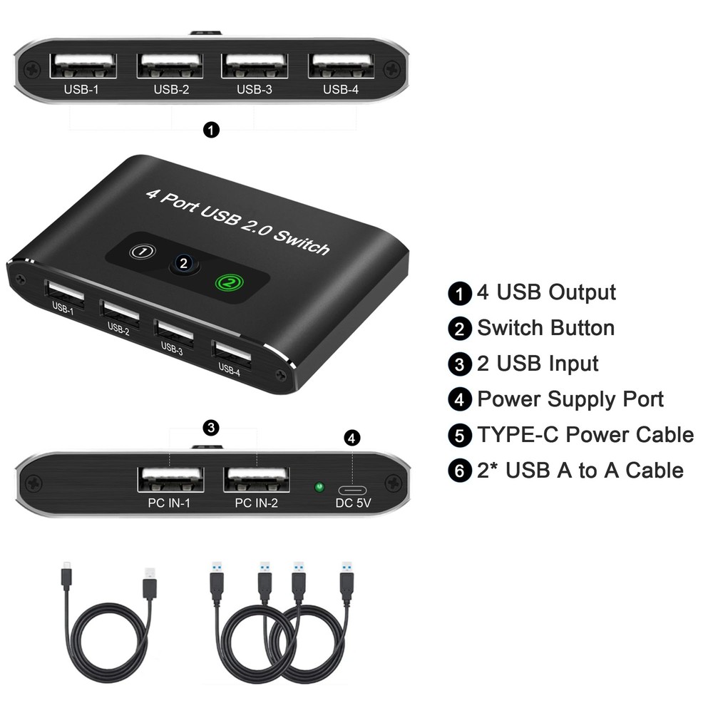 USB 2.0 Switch, 2 Computers Sharing 4 Devices, Switcher for White