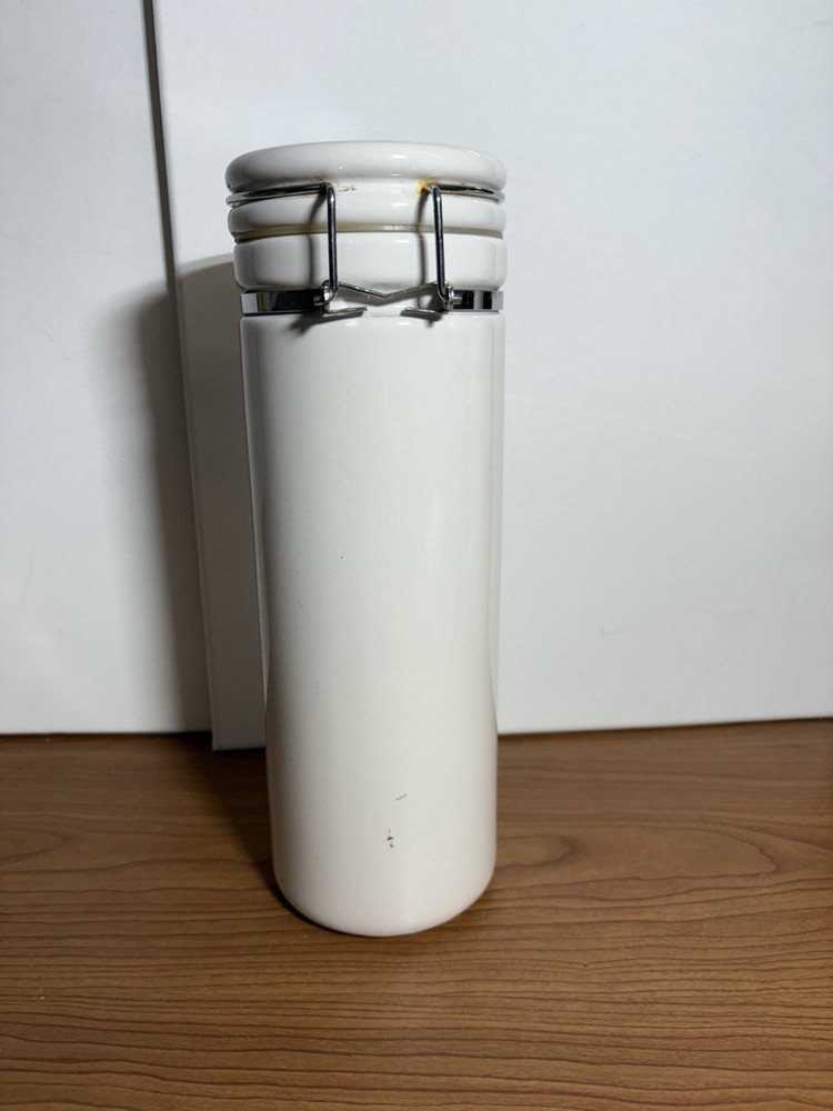 White Ceramic and Silver Latched Storage Canister 12” Nice