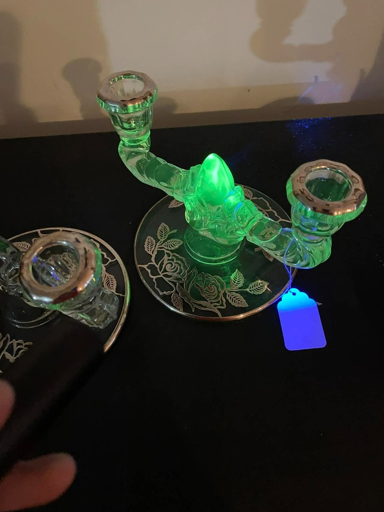 Vtg Pr Pressed Glass Double Light Candlesticks w/Sterling Silver Inlay UV React