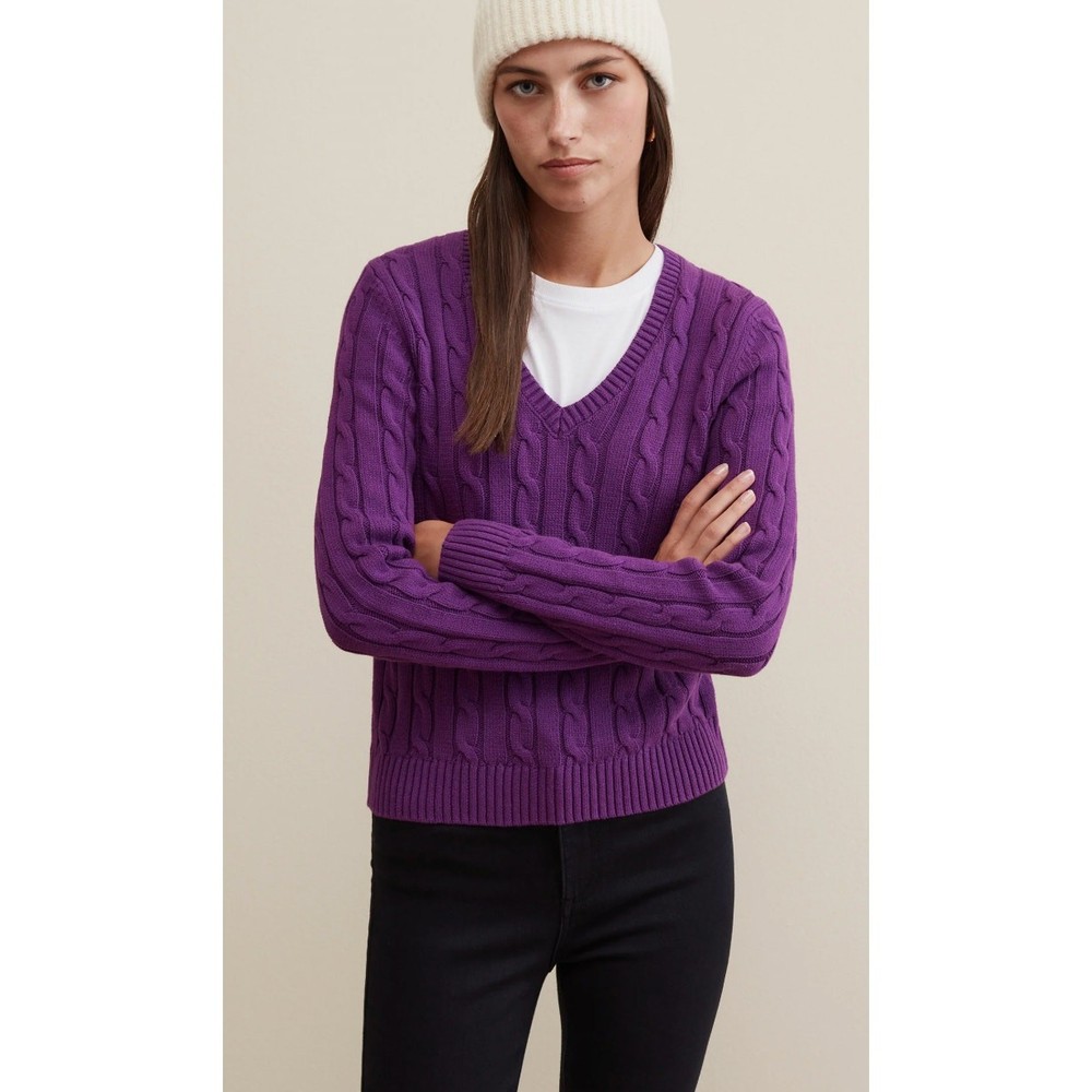 Piombo Purple Cable Knit V-Neck Pullover Sweater size Large