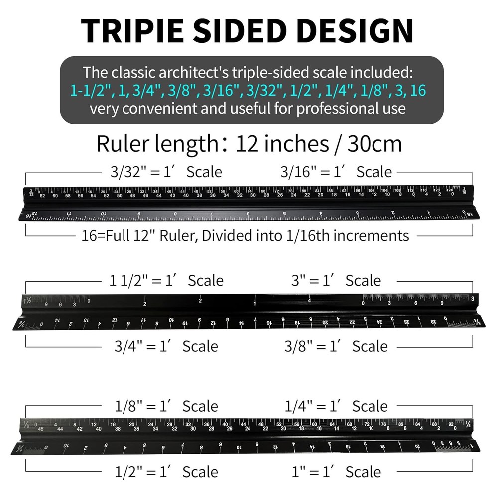 2PCS Aluminum Architectural Scale - 12" Triangular Ruler, Black