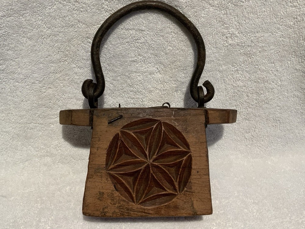Vintage Indian Hand Carved Solid Wood Oil Container w/Iron Handle