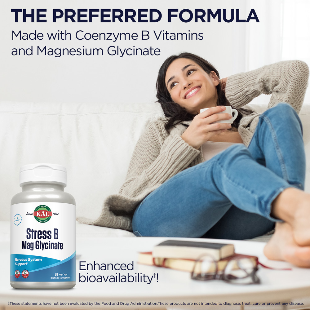 KAL Stress B Mag Glycinate, B Complex Vitamins Plus Magnesium, Active Forms