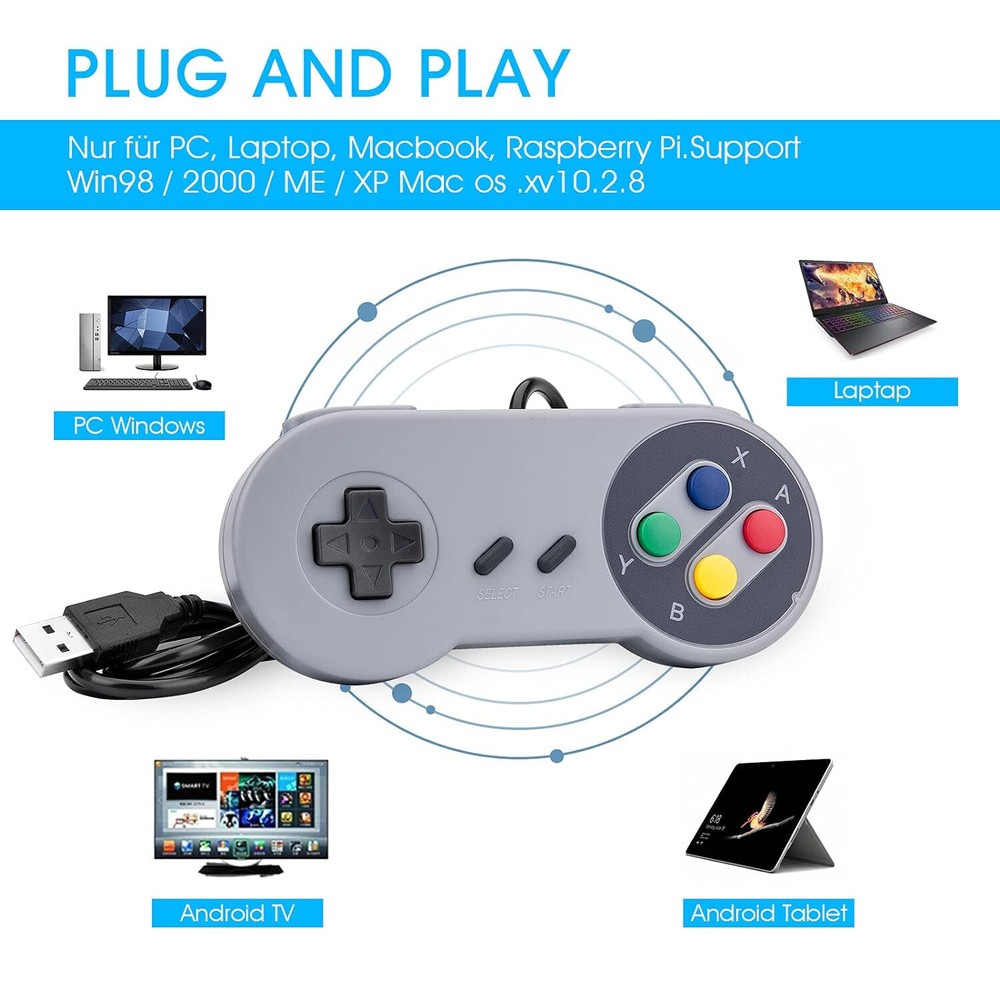 2 Pack USB Long Wired Super Nintendo SNES PC Controller Gamepad Joystick