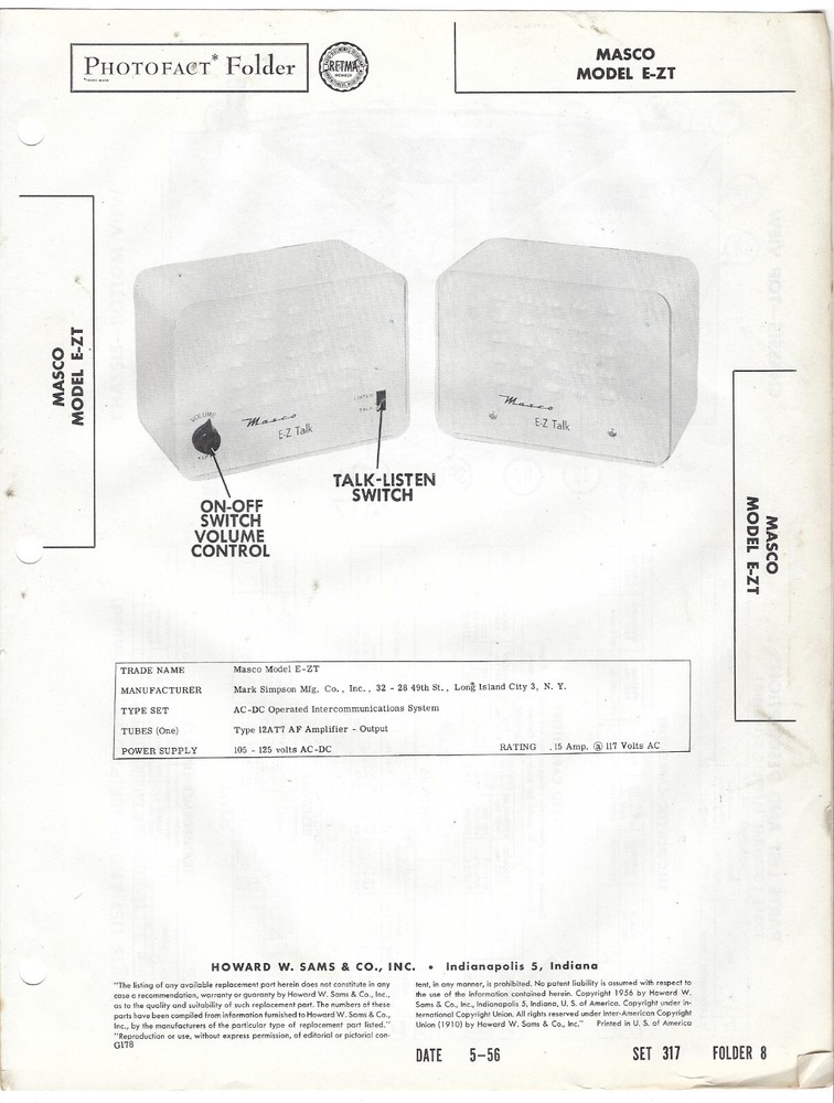 1956 MASCO INTERCOM E-ZT Photofact MANUAL Schematic Intercommunications System