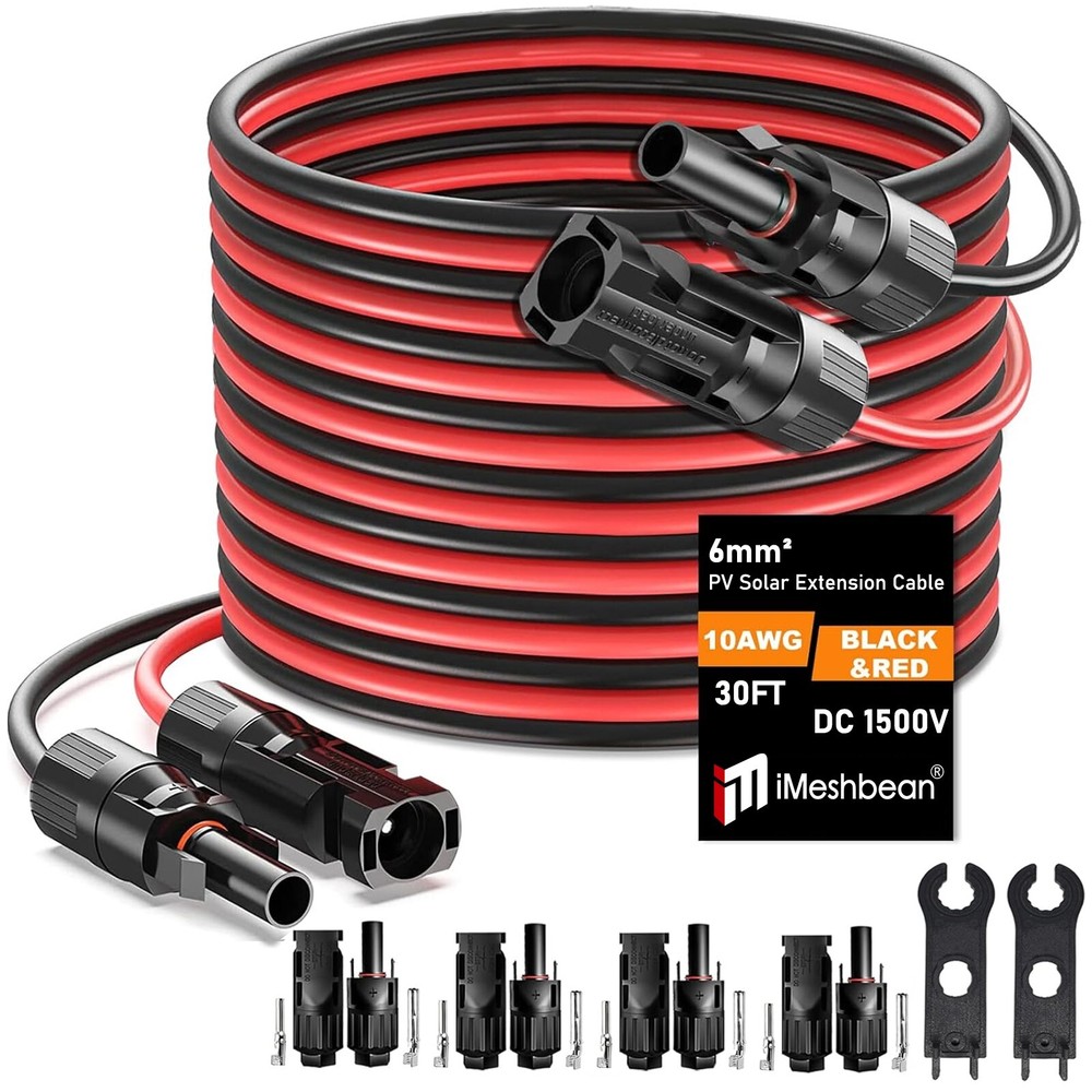 10 AWG 30 FT Solar Panel Extension Cable w/ Female / Male Connectors & Spanners