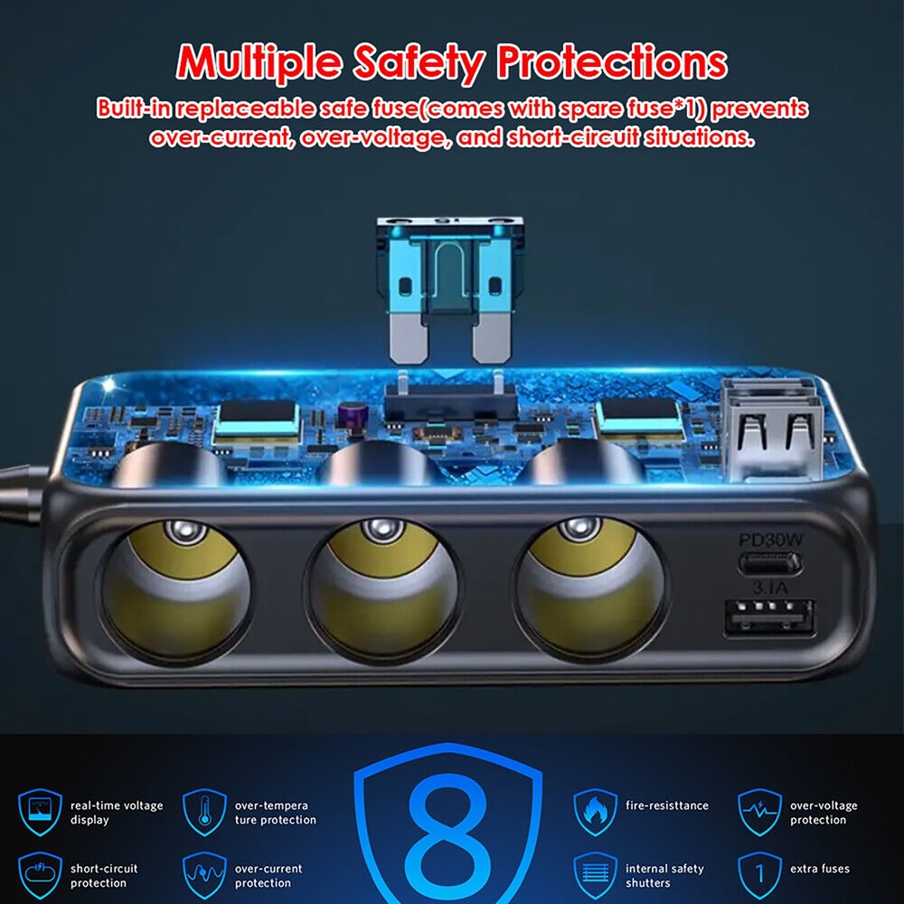 Car 12V Cigarette Lighter Socket Splitter USB-C Charger Power Adapter Outlet