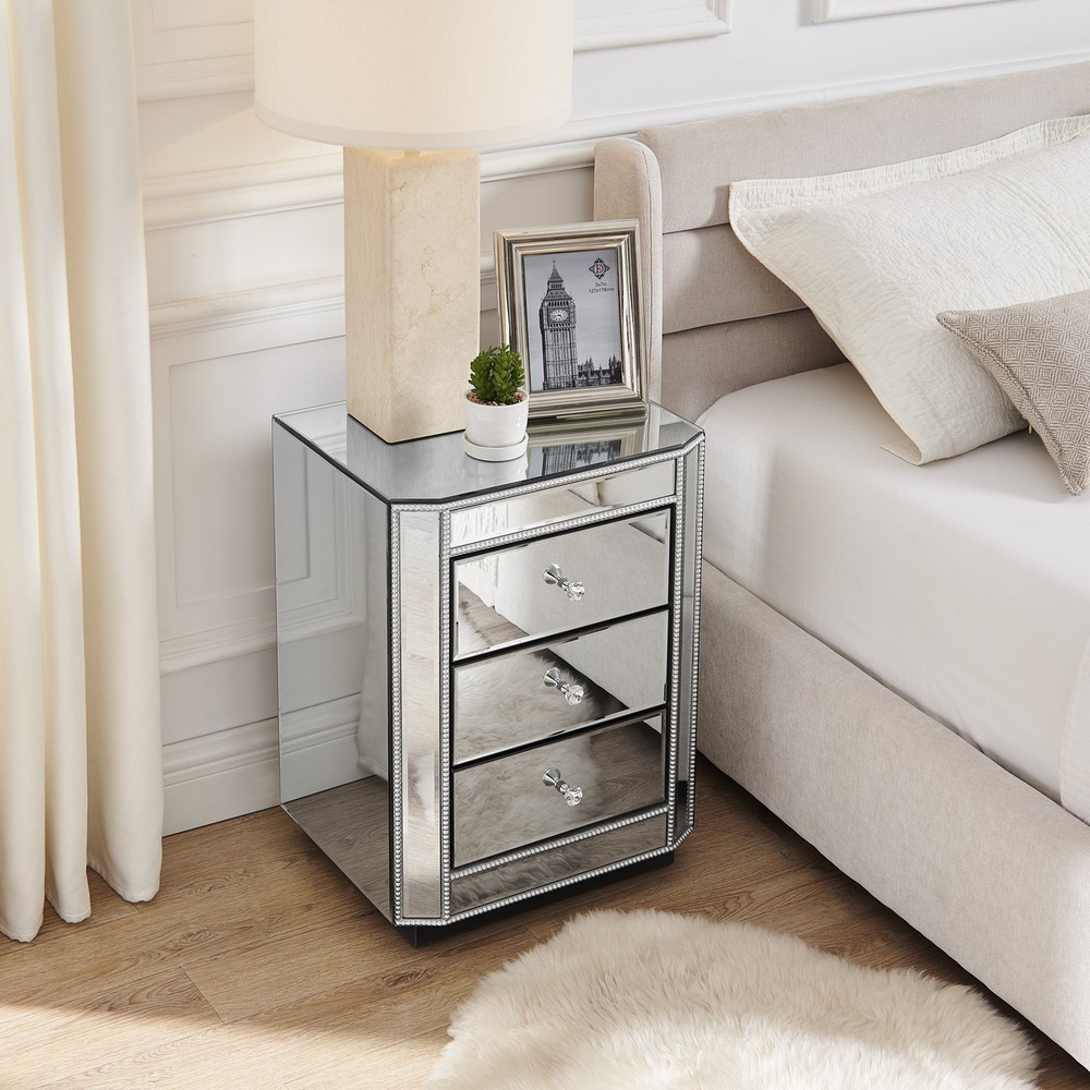 3-Drawer Mirrored Nightstand Bedside Table, Modern End Side Table