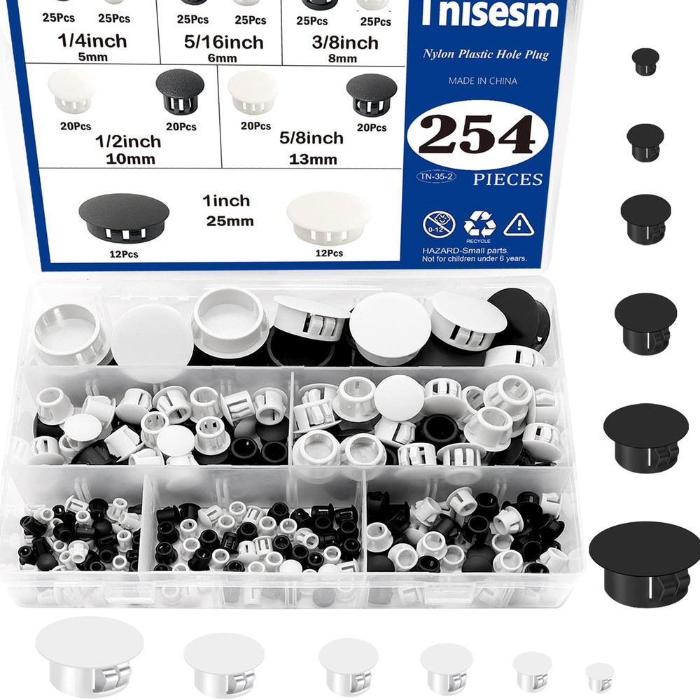 254Pcs 6 Sizes Nylon Plastic Hole Plugs Black Round Drill Hole Flush Type Panel