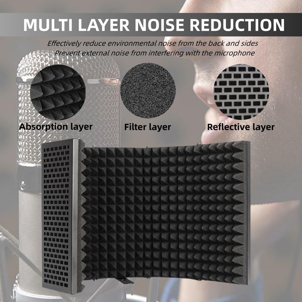Microphone Isolation Shield with Pop Filter & Stand and Phone Clip, Foldable Tri