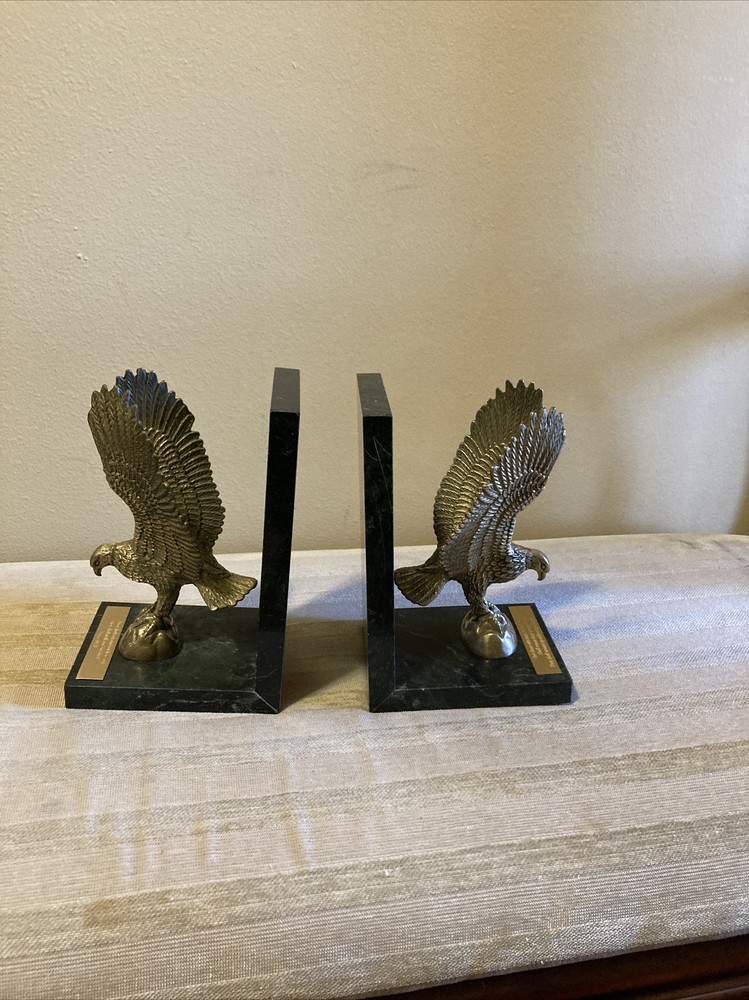 Pair Bronze Eagles Marble Bookends Holders Old Decor Statue Isaiah 40:31 Script