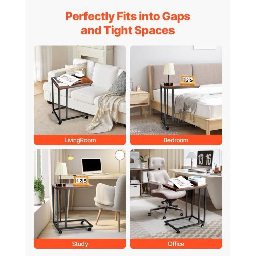 C Table, C Shaped Sofa Side Table with Metal Frame Rolling Casters, Portable C
