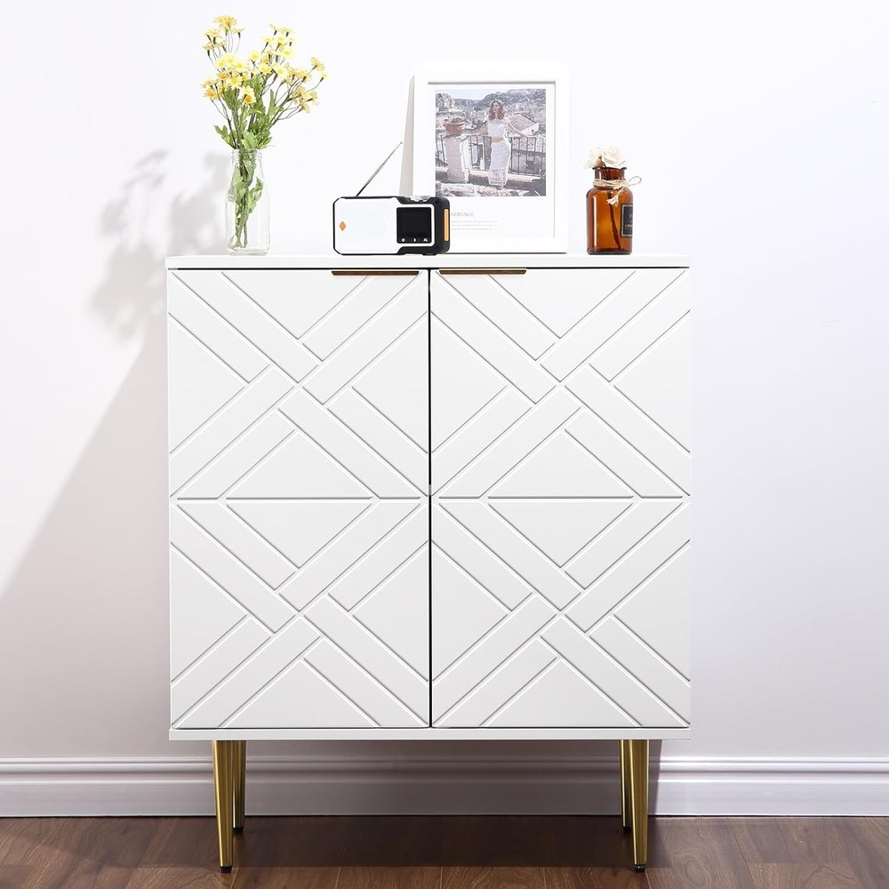 29" Wood Storage Cabinet with 2 Embossed Pattern Doors Modern Sideboard Buffet