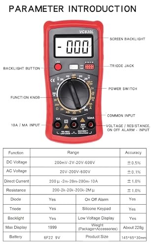 Digital Multimeter with Premium Probes, Measures AC/DC Voltage, Current, Red