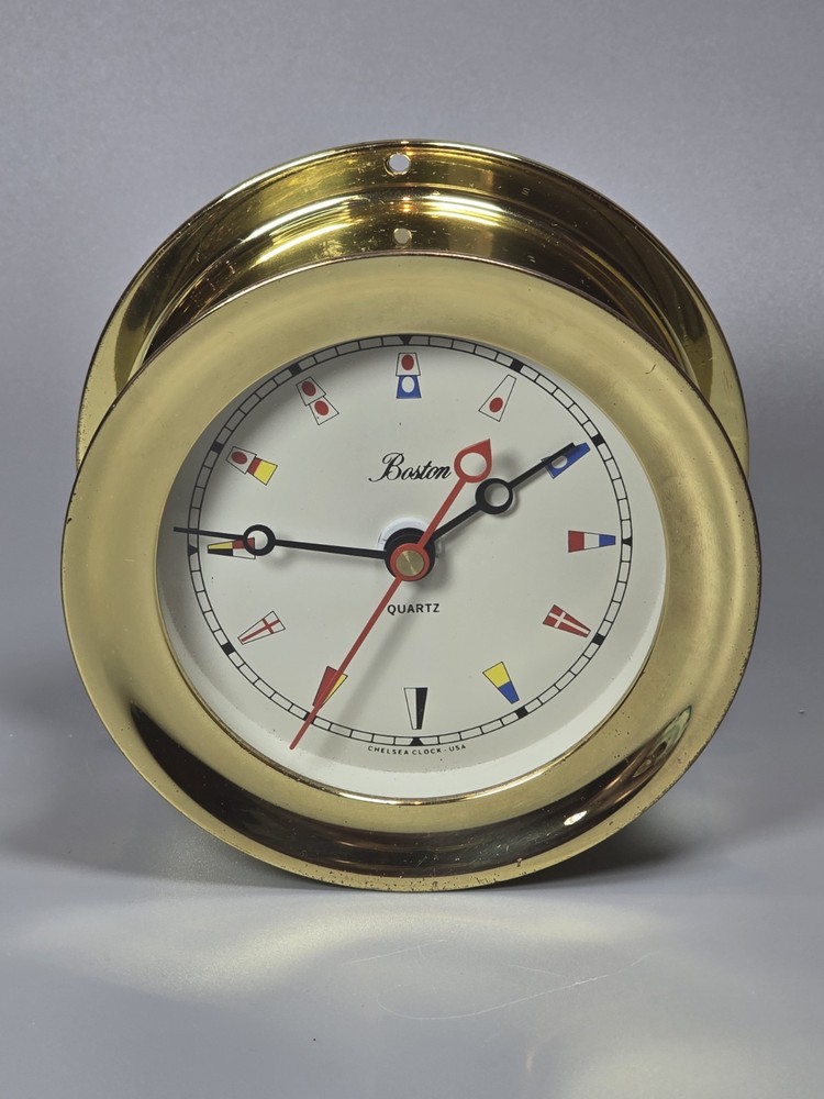 CHELSEA Boston Ship Clock Nautical Flags 4.5" Dial Solid Brass with Second Hand